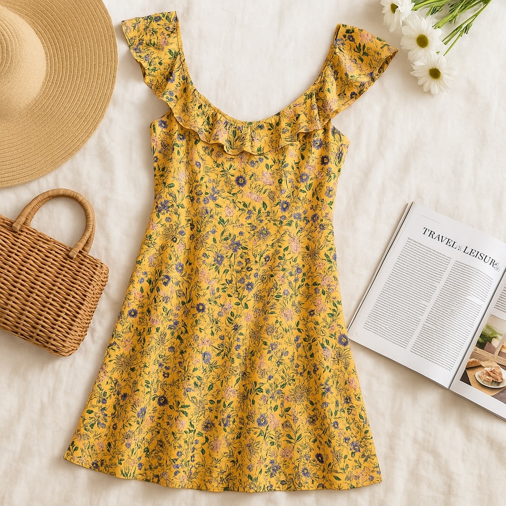 Old Navy Yellow Floral Ruffle Neckline Midi Dress Size Medium NWOT